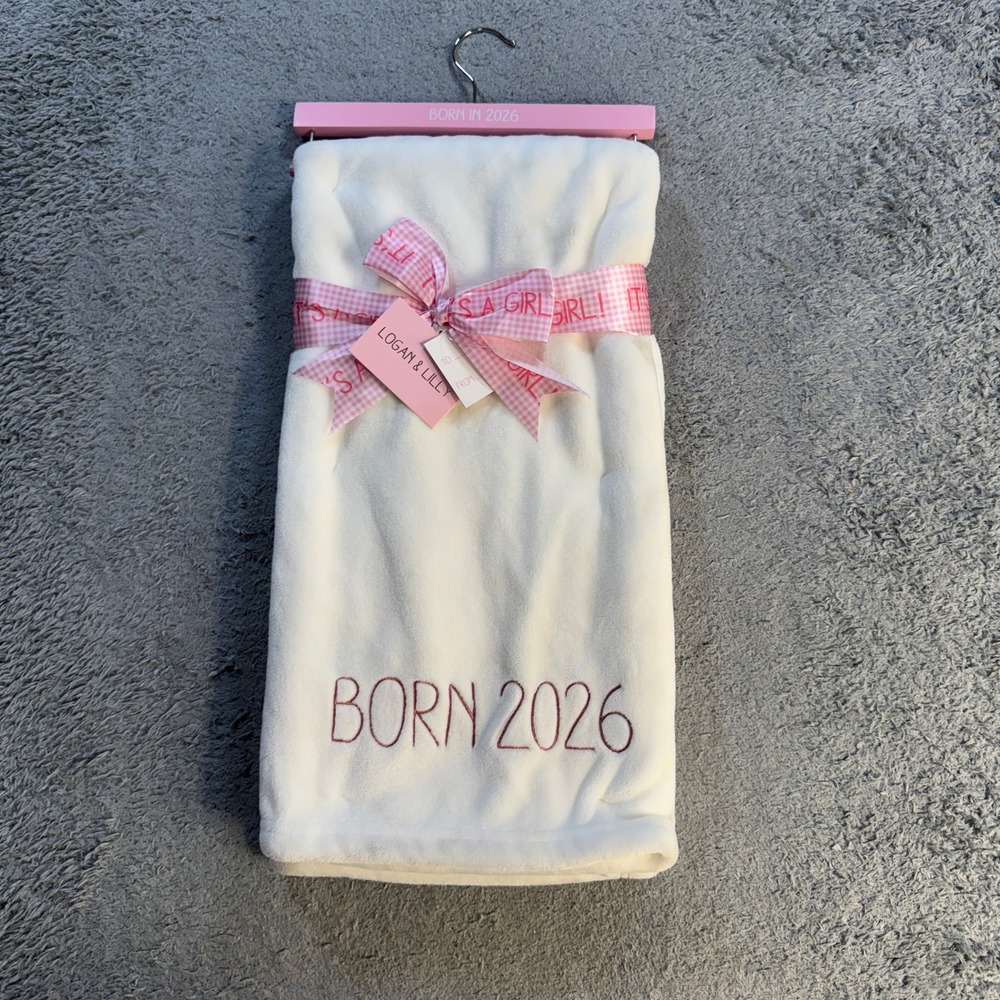 Logan & Lilly Born 2026 Baby Blanket Girl White Pink Embroidered Fleece NWT OS